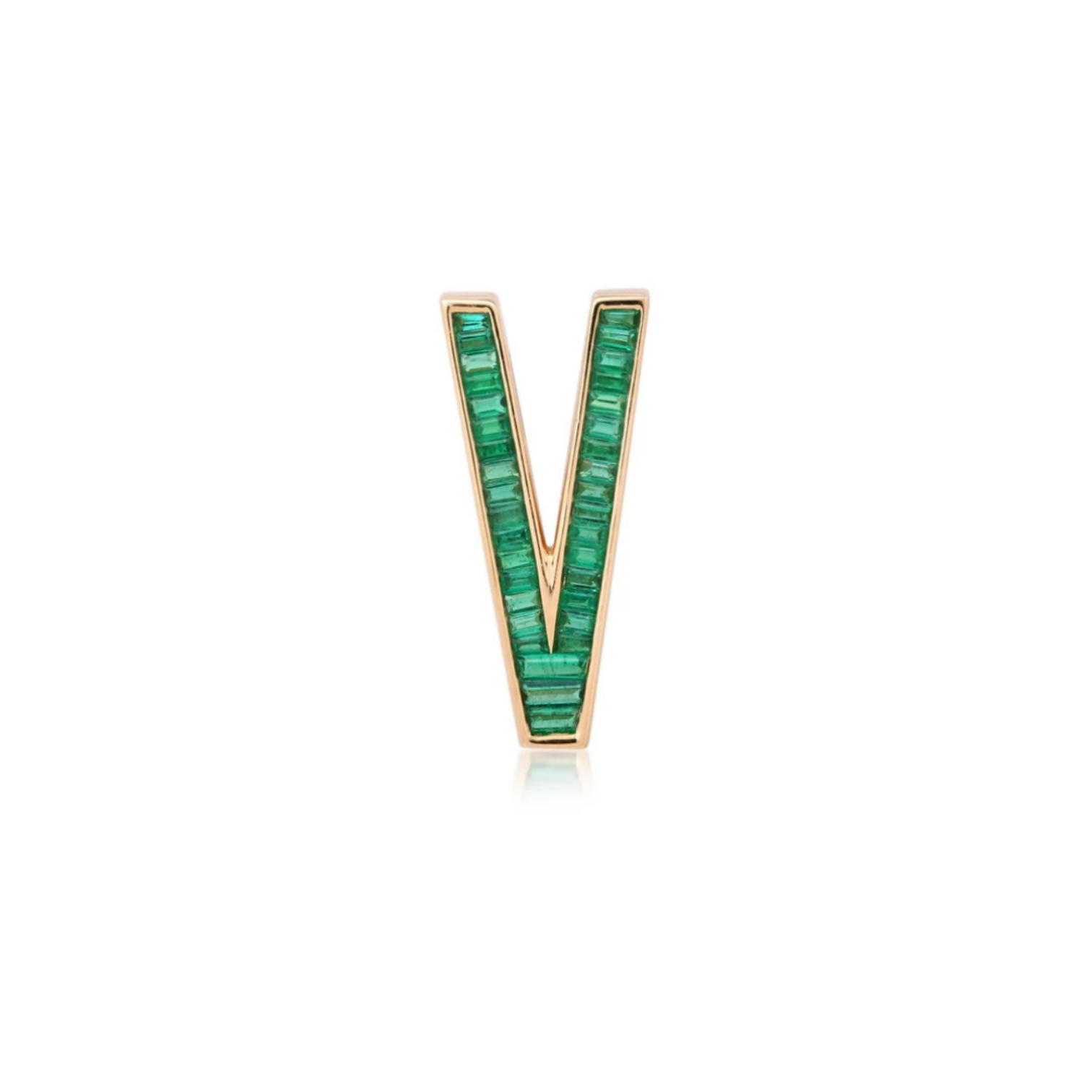 Gold letter 'V' charm with green gemstones on a white background