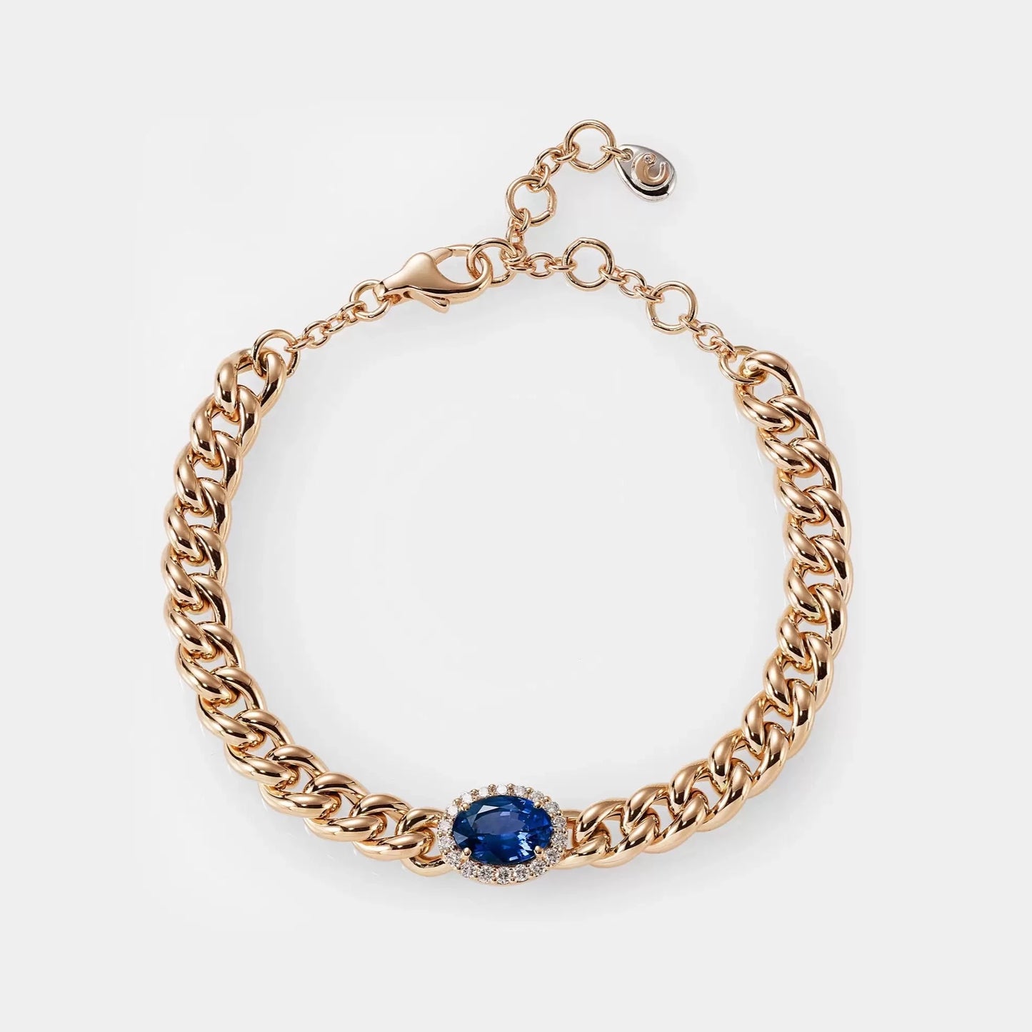 Halo-Blue Sapphire Curb Link Bracelet