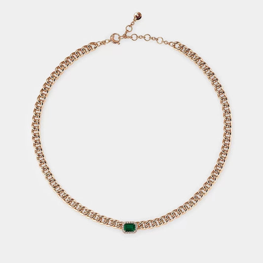 Halo-Green Emerald Curb Link Necklace