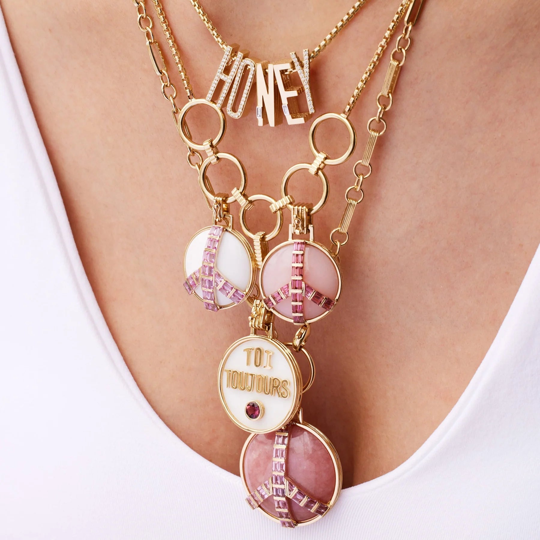 Mid-Size Peace Pendant, Pink Opal & Pink Sapphire