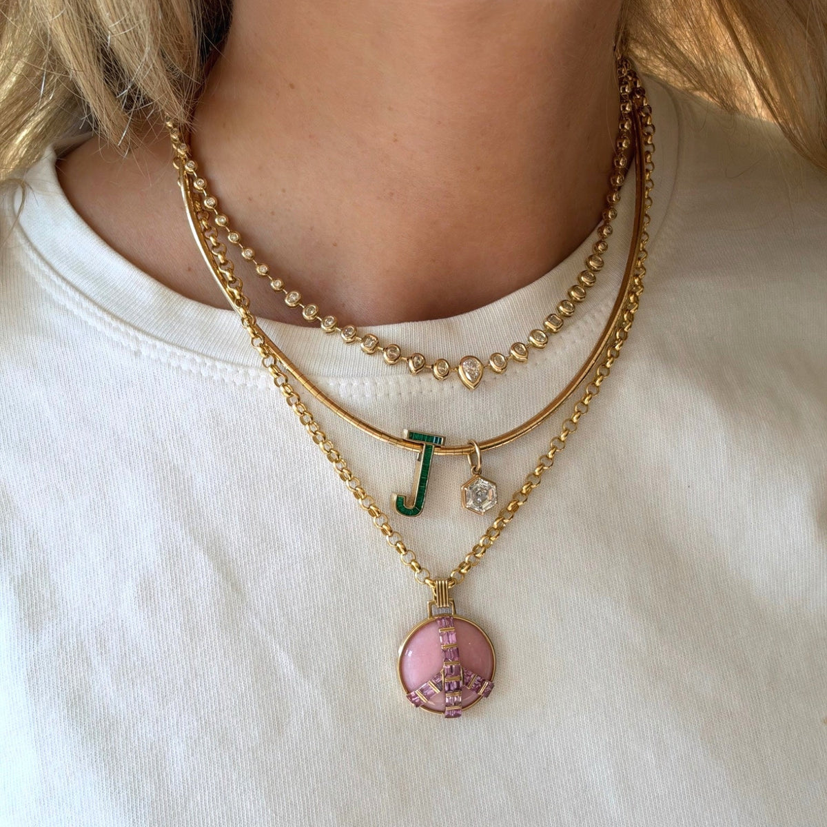 Mid-Size Peace Pendant, Pink Opal & Pink Sapphire