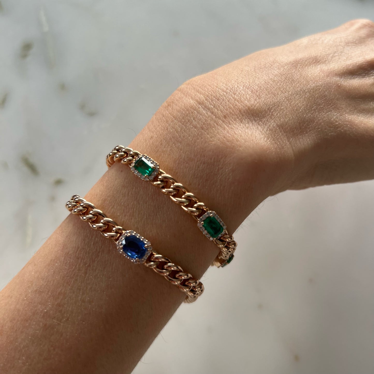 Halo-Blue Sapphire Curb Link Bracelet